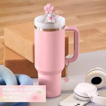 6 Pcs Set Compatible With Stanley Cup Accessories, 4 Black Flower Straw Toppers Compatible With Stanley Straw Cover 9-10 Mm, 2 Cute Flower Charms For Tumbler With Handle - 粉色 - 查看 6