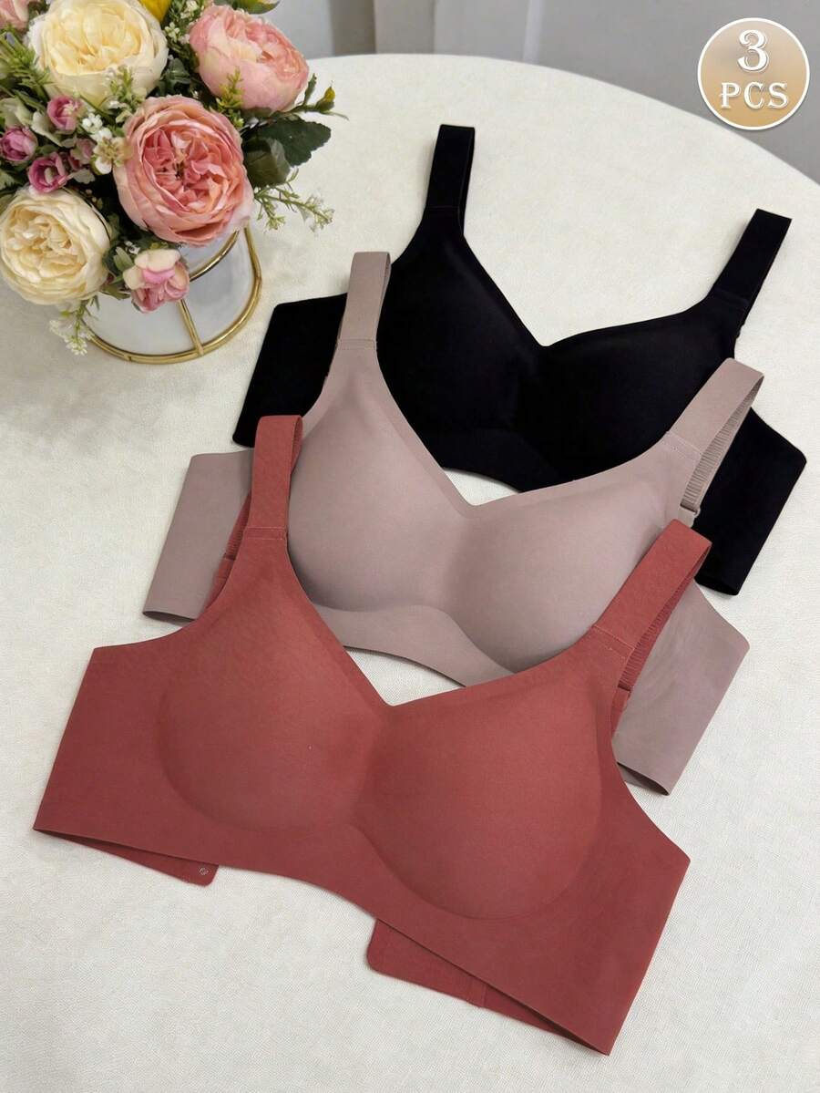 Set de 3 sujetadores deportivos minimalistas y cómodos para mujeres, sujetadores sin costuras y de unicolor - Multicolor - Ver 1