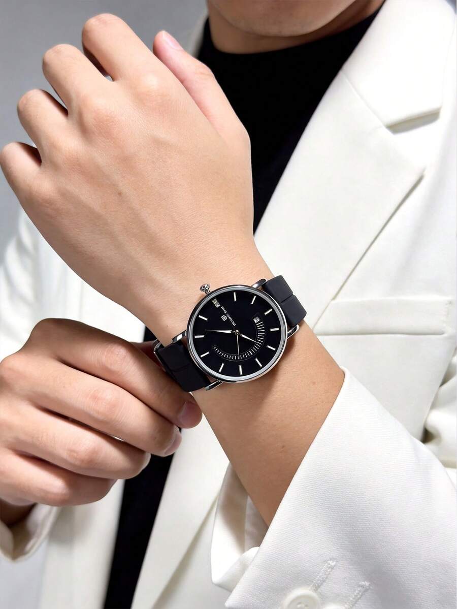 1pc Fashion Business Round Dial Men's Watch With Calendar Display, Silicone Strap And Magnetic Buckle, Suitable For Daily Wear And Great Gift Choice, No Packaging Included - Black - View 1