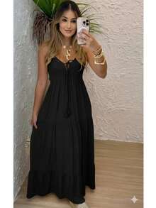 Women's Long Dress, Flowing Style, Thin Straps, V-Neck With Front Tie, Elastic Back - Fits Sizes 36 To 42. - 黑色 - 查看 1