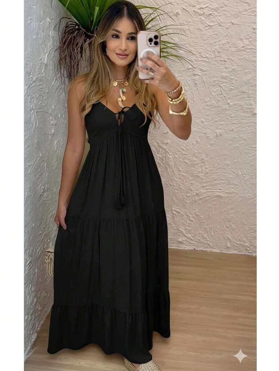 Women's Long Dress, Flowing Style, Thin Straps, V-Neck With Front Tie, Elastic Back - Fits Sizes 36 To 42. - 黑色 - 查看 1
