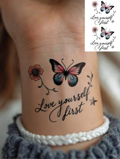 1张小号人体彩绘纹身贴纸，男女皆宜，Y2K风格，色彩缤纷，浪漫花卉蝴蝶图案。防水，可持续2-5天，可用于手部、手臂、颈部、胸部、腰部、腿部和脚踝。非常适合节日、派对、婚礼、度假、送礼、音乐节等场合。