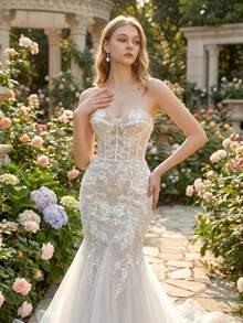 YOUKEFEIER [2025 New] Strapless Mermaid Wedding Dress, Sheer Mesh, Waist-Cinching Silhouette, Trailing Design, Bridal Gown/Reception Dress, Suitable For Wedding Ceremony & Evening Banquet - Beige - View 8