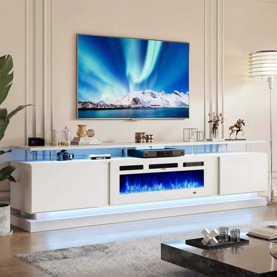 AOXUN 70 Inch Fireplace TV Stand With 36" Electric Fireplace, Entertainment Center With LED Light,2 Tier TV Console Stand For TVs Up To 80" - 白色 - 查看 1
