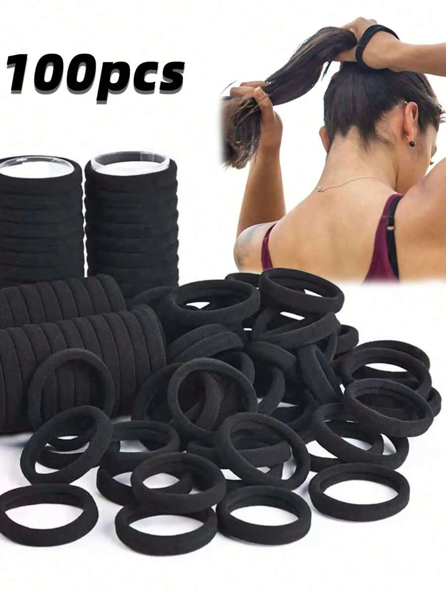 100pcs Women's Black, Fashionable Simple, 4cm Size,High Elasticity Hair Scrunchies Hair Ties, Suitable For Everyday Use And Gift Giving Hair Ties Ponytail Holders Hair Elastics Hair Rope, Hair Bobbles ,Gym Sport Outfit Hair Ties Head Accessories Rubber Bands - 黑色 - 查看 1