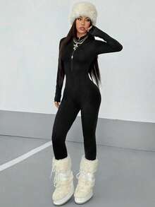 Women's High-Elasticity Long Sleeve Tight Fitting Yoga Jumpsuit, Half-Zip Front Slim Fit Athletic Casual Bodysuit For Cycling, Workout & Daily Wear, Women's Acitvewear. - 黑色 - 查看 7