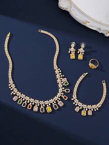 4pcs/Set Luxury Jewelry Set: Copper, Colorful Green Zirconia Tassel Design Gold Necklace, Earrings, Ring, Bracelet. Elegant Jewelry For Evening Party, Wedding, Bride, Daily Wear For Women - Colorful - View 3