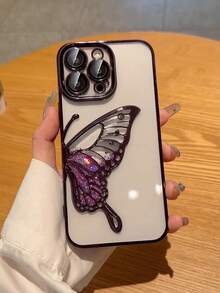 Elegant Glitter Butterfly Stand Phone Case For IPhone 17 Pro Max/16/15/14/13/12/11, Transparent With Lens Film, Full-Body Shockproof Silicone Cover - Purple - View 2