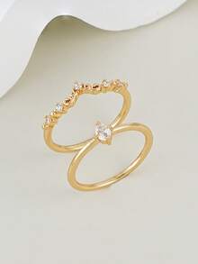 Bộ 2 nhẫn đính đá Cubic Zirconia thanh lịch, thích hợp cho nữ giới đeo hàng ngày, hẹn hò, đeo cùng nhau hoặc làm quà tặng trang sức cưới. - Vàng - Xem 3