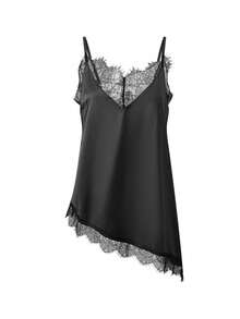 Women's Camisole Tops Stylish Solid Color Lace Trimmed Asymmetric Cut V Neck Sleeveless Spaghetti Strap Vest - Black - View 1