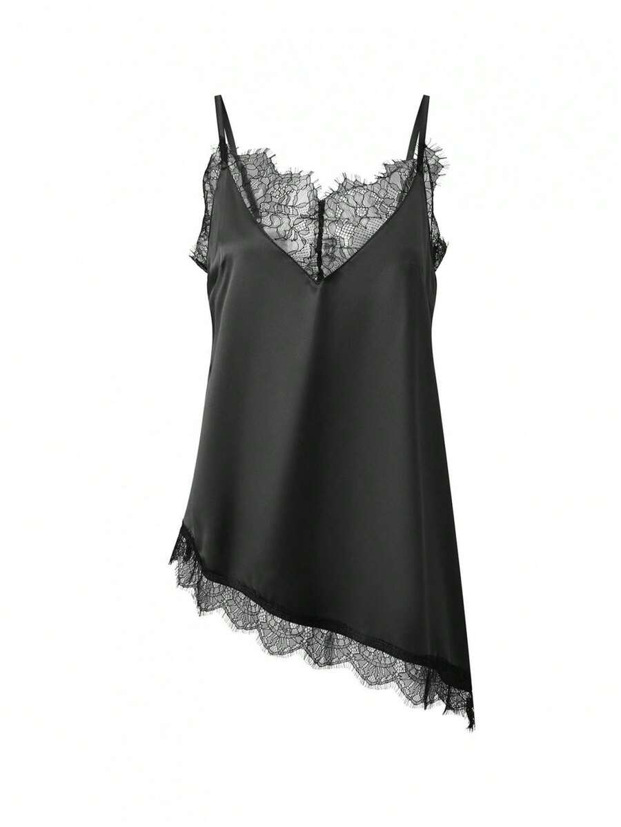 Women's Camisole Tops Stylish Solid Color Lace Trimmed Asymmetric Cut V Neck Sleeveless Spaghetti Strap Vest - Black - View 1
