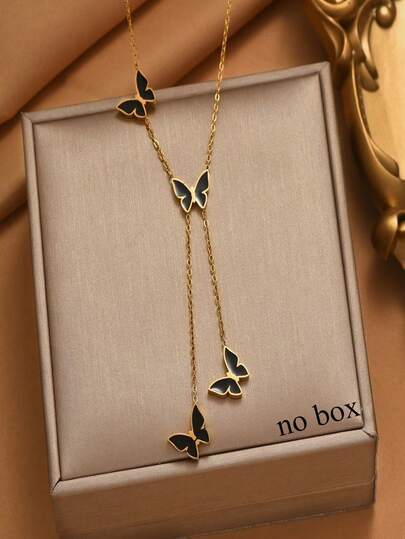 1 pieza Collar con colgante de mariposa con borla chapada en oro de acero inoxidable negro, diseño personalizado de moda vintage estilo hip hop, joyería versátil adecuada para chicas, mujeres, parejas, uso diario, trabajo, fiesta
