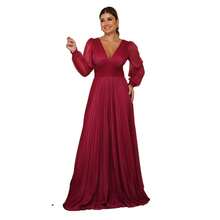 Elegant Women's Long Dress With Long Sleeves And Pleats, Suitable For Bridesmaids, Bridesmaids, Mothers Of The Bride, Groomsmen, Weddings, Graduations, And Evangelical Fashion. - 玫瑰紅 - 查看 2