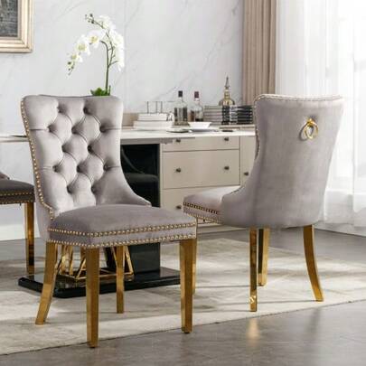 A&A Furniture, Nikki Collection, Premium eigentijdse eetkamerstoel van gecapitonneerd massief hout, bekleed met fluweel, gouden roestvrijstalen poten, siernagels, set van 2, grijs en goud, DE1601GY