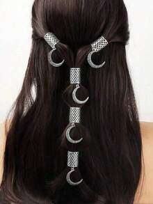 5pcs Star & Moon Hair Rings, Punk Style Headpiece Accessories, Eid Mubarak Decoration, Cute Fashion Wear, Y2K Jewelry - Silver - View 5