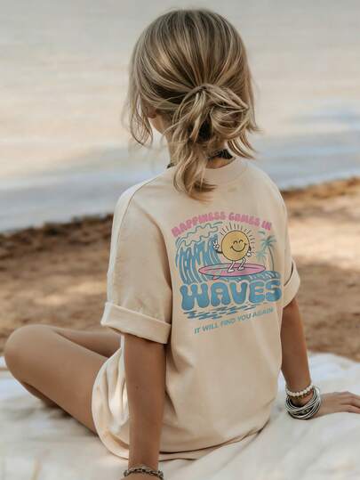 少女学生休闲印花圆领短袖T恤，夏季上衣