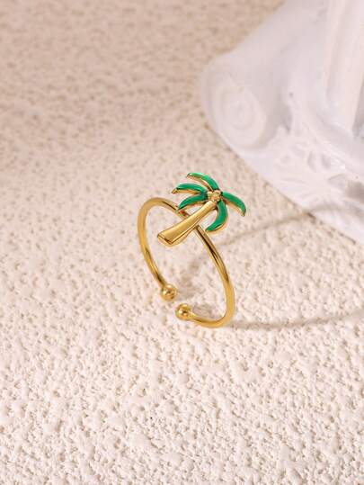 热带棕榈椰子树戒指，女士不锈钢可调节树叶戒指，防水，适合海滩度假，青少年珠宝爱好者的时尚配饰，高品质工艺