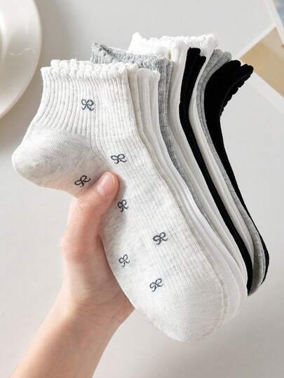 5 Pairs Women's Cute Breathable Bow Decor Short Invisible Liner Socks, Ankle Socks And Short Socks, White And Black, Suitable For Casual Daily Wear, Applicable For Spring, Summer, Autumn And Winter