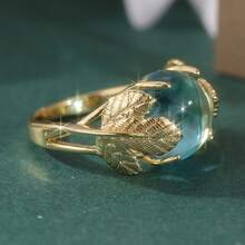 Cincin Daun Maple Antik dari Tembaga, Bertatahkan Batu Permata Biru, Cocok untuk Pemakaian Sehari-hari Wanita - Emas - View 4