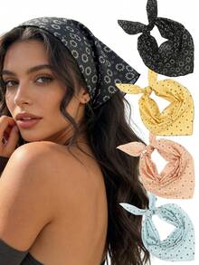 4/1件装夏季时尚复古花卉头巾，雏菊印花三角发带，适合日常、海滩、节日和休闲场合佩戴，女士发带，女士头巾 - 彩色 - 查看 11