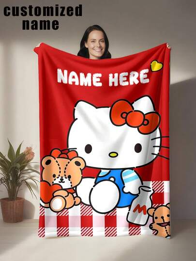 SANRIO 1 pieza Manta personalizada con tema de Hello Kitty, se puede personalizar con un nombre, con Hello Kitty como personaje principal, el estilo general es lindo y dulce - Suave y cómodo, lavable a máquina, funda de almohada de tiro de tela de poliéster impresa digitalmente, adecuada para sofá, cama, viaje, camping, sala de estar, oficina, asiento - Adecuado como regalo para familiares y amigos