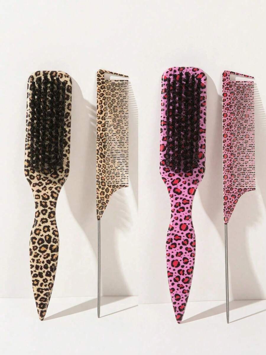 豹纹尖尾刷和针尾梳套装。柔软猪鬃毛，ABS材质。抚平毛躁，适合头发护理和造型。适合家庭和沙龙使用，是返校季必备的美发造型工具套装，也是美发家居饰品。