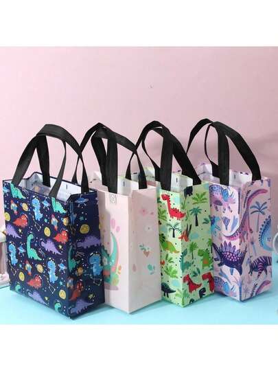 4/12 pezzi Borse a tracolla riutilizzabili in tessuto non tessuto con motivo a dinosauro cartoni animati, colori vivaci, adatte per feste di compleanno, shopping, artigianato - perfette come omaggi per feste, borse regalo e decorazioni, borse regalo per compleanni, matrimoni