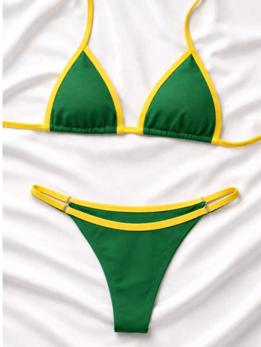 Women's Summer String Bikini With Adjustable Sides - 綠色帶黃色 - 查看 1