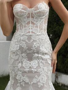 YOUKEFEIER [2025 New] Strapless Mermaid Wedding Dress, Sheer Mesh, Waist-Cinching Silhouette, Trailing Design, Bridal Gown/Reception Dress, Suitable For Wedding Ceremony & Evening Banquet - Beige - View 11