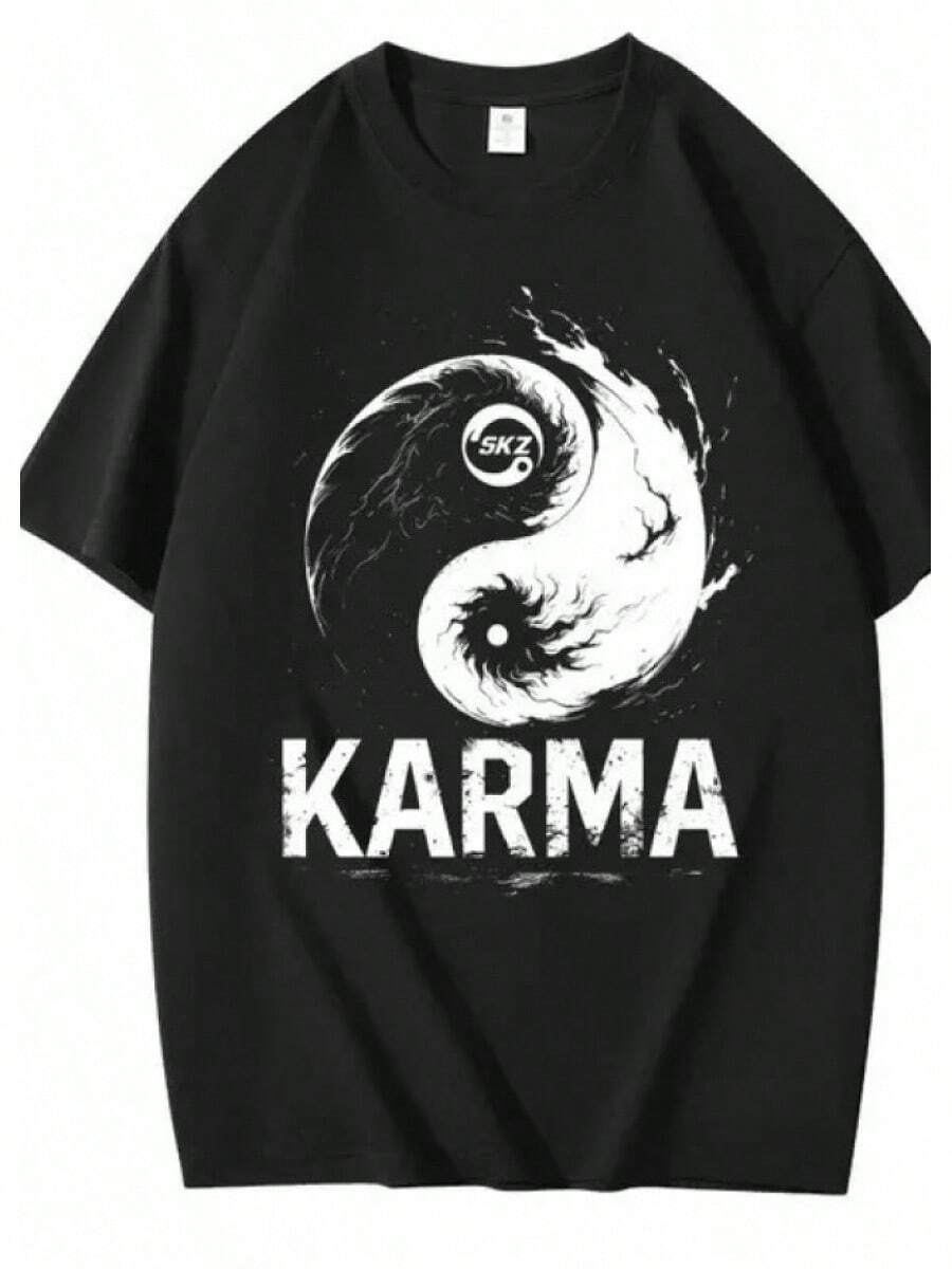 Camiseta KPOP del 4º Álbum KARMA, CHANGBIN HYUNJIN , Camiseta Coreana de Manga Corta para Hombre, Cuello Redondo Clásico y Simple, Transpirable y Agradable a la Piel, Estilo Básico - Negro - Ver 1