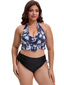 1 Conjunto Maiô Modesto de Duas Peças, Maiô Esportivo Estampado Preto Plus Size para Verão - Preto - Visão 7