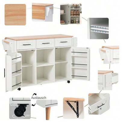 Dining Room Sideboard/Buffet 139 X 46 (71) X 91.5 Cm, White Frame, Solid Wood Top With Wood Effect Finish, Drop-Leaf Top, Storage Door, Casters, Replaceable Solid Wood Legs, Ideal For The Dining Room And Kitchen.