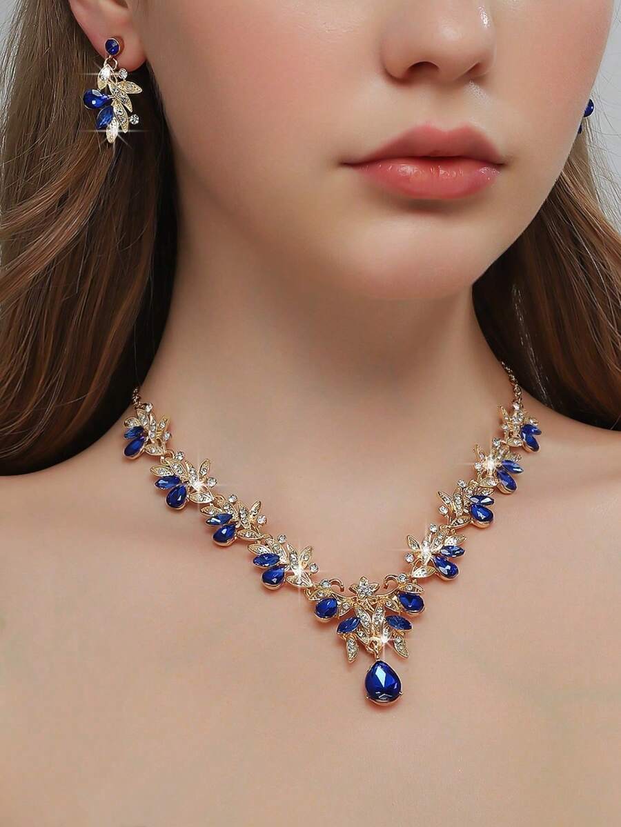 Elegant Gold-Tone Blue Crystal Jewelry Set, Includes Teardrop Pendant Necklace And Earrings, Suitable For Weddings And Galas - Gold Blue - View 1