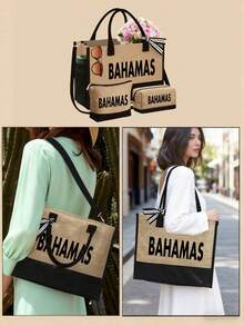 1 Juego de bolso de playa para mujer; Bolso de gran capacidad con 2 bolsas cosméticas; Impreso con el patrón negro "Bahamas", este bolso de estilo resort de lago es un bolso de viaje. Adecuado para bodas, cumpleaños y vacaciones - Multicolor - Ver 9