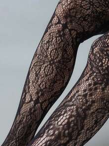 1双蕾丝玫瑰图案镂空网眼过膝袜，镂空设计，适合夏季日常聚会、派对、郊游，也可作为圣诞礼物。 - 黑色 - 查看 11