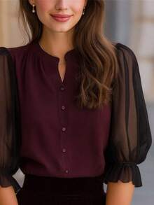 女士优雅圆领七分袖薄纱泡泡袖纽扣衬衫，春夏款，适合工作和休闲穿着 - 酒紅色 - 查看 5
