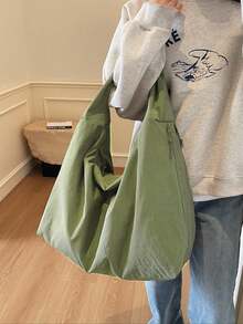 Bolso de hombro de gran capacidad con múltiples bolsillos de unicolor y de moda - Verde Oscuro - Ver 3