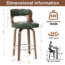 [Bar Stools]3-Piece 26" Counter Height Bar Stool Set - Mid-Century Modern Design With 360° Swivel, Walnut Veneer & Faux Leather Seat, Ergonomic Solid Backrest For Kitchen Island, Home Bar, Breakfast Nook,Green - 綠色 - 查看 2