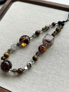 Retro Brown Leopard Print Cat Beaded Phone Lanyard, Elegant Short Wrist Strap Beaded Chain Camera Charm Pendant For Women - 琥珀手機掛繩 - 查看 5