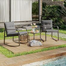Juego de bistró mecedor de 3 piezas, muebles de patio de acero negro, juego de sillas de porche con mesa de centro de vidrio y cojín de respaldo, para balcón, jardín, terraza y patio trasero - Gris Claro - Ver 7