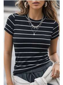 Women's Ribbed Cotton Striped Basic Two-Tone T-Shirt - Casual Autumn/Winter/Summer American Style - 黑色條紋 - 查看 6