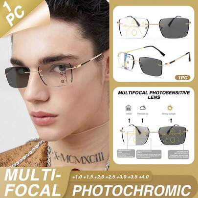 1pc Vintage Photochromic Multifocal Reading Glasses, Photochromic And Progressive Bifocal Lens, High-Quality Business Style Reading Glasses, Lightweight Durable Portable, Suitable For Office/Leisure/Reading