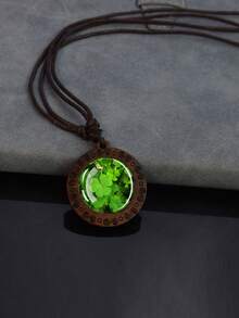 1PC Lucky Clover Pattern Wooden Pendant Necklace, With Dome Glass Inlay And Rope Chain, Suitable For Daily Matching Or Holiday Gifts. - Brown - View 6