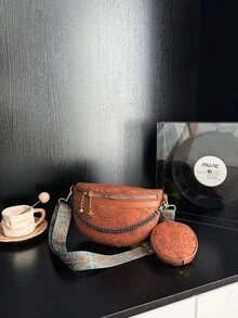 两件套压花时尚腰包和手提包，大容量，中国风 - 棕色 - 查看 5