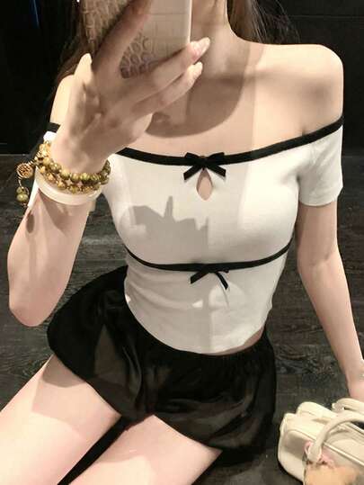 New Design Contrast Color Off-Shoulder Bow Short Sleeve T-Shirt, Off-Shoulder Top, Spring/Summer