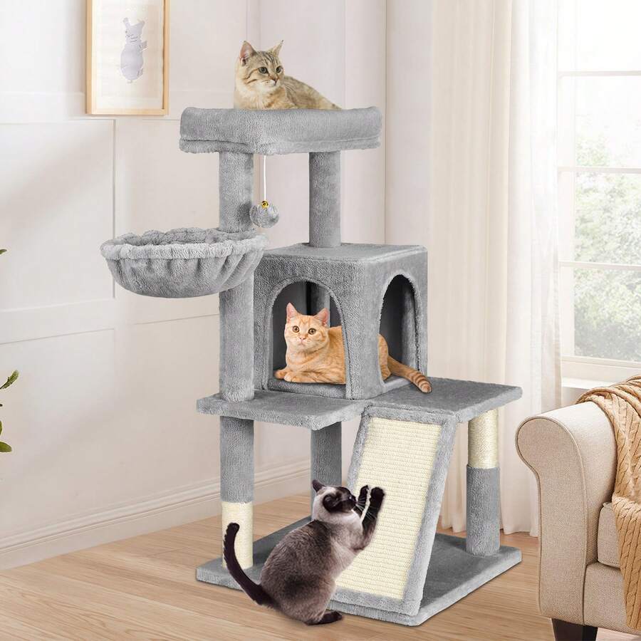 B BEASTIE BEASTIE Cat Tree Scratching Post Scratcher Tower Condo House Furniture Wood 100cm - Light Grey - View 1