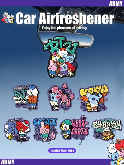 BT-21、B/T/S、涂鸦街头主题、SHOOKY、KOYA、TATA、CHIMMY、可爱韩流角色汽车空气清新剂，适用于汽车通风口、后视镜，汽车香氛片，汽车空气清新剂，后视镜挂饰，汽车内饰配件挂件，理想礼物，特别设计，送给朋友和粉丝的完美之选