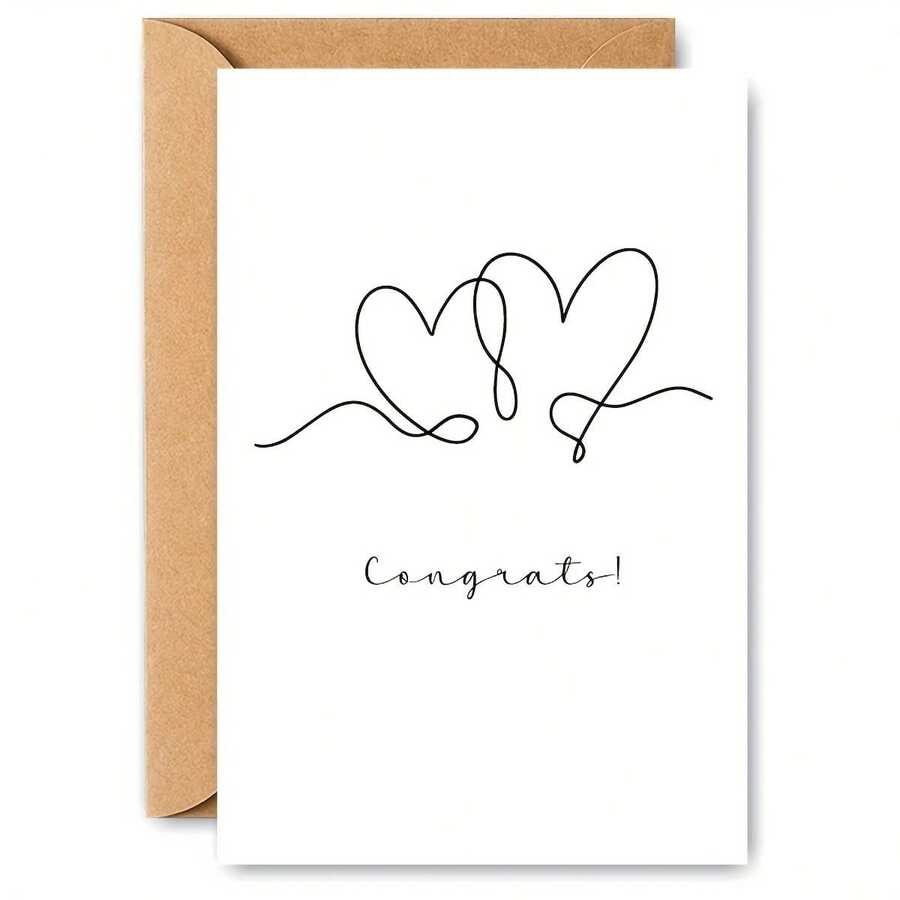 Tarjeta de felicitación de boda con forma de corazón elegante - Texto cursivo de "Felicitaciones" a la moda, adecuado para bodas, aniversarios y ocasiones especiales - Recuerdo reflexivo para invitados y familiares, regalo romántico, estilo minimalista, diseño fresco - Tipo A - Ver 1