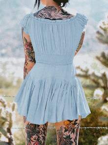 Women Summer Short Dress Solid Color Ruched Bust Boat Neck Off Shoulder Puff Sleeve A-Line One Piece For Ladies - Blue - View 3
