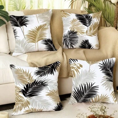 MEMNUN 4pcs Black & Gold Palm Leaf Print Pillow Covers [No Pillow Insert], 17.7*17.7in(45*45cm)/19.69*19.69in(50*50cm)/15.75*15.75in(40*40cm), [Single-Sided Printing], Made Of Polyester With Metallic Feel Lines And Green Plants Decor, Suitable For Sofa, Bed, Living Room, Bedroom, Car, Office, Hotel, All Seasons, Perfect Gift For Family And Friends
